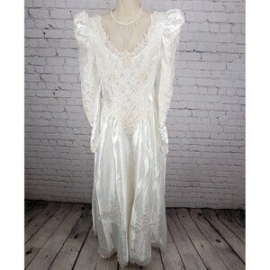 VTG Bonny Satin Embroidered Beaded Bow Long Puff Sleeve Wedding Dress Gown 12